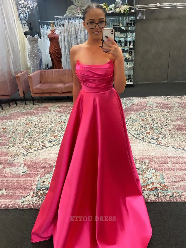A Line Elegant Strapless Satin Pink Long formal dresses Bridesmaid Dresses evening gown Prom Dress